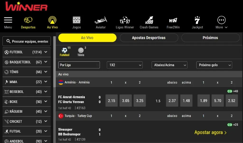 Winner Ao Vivo - Interface de apostas