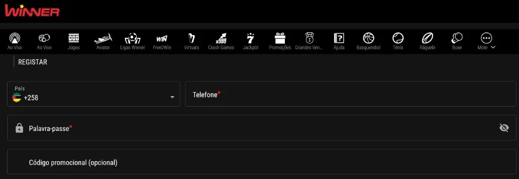 Passos para obter o bónus Winner durante o registo