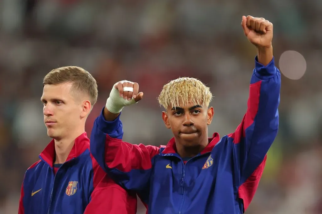 Dani Olmo e Lamine Yamal em ação pelo Barcelona. Foto: Getty Images