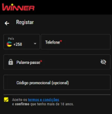 Passos para fazer o registo na Winner App