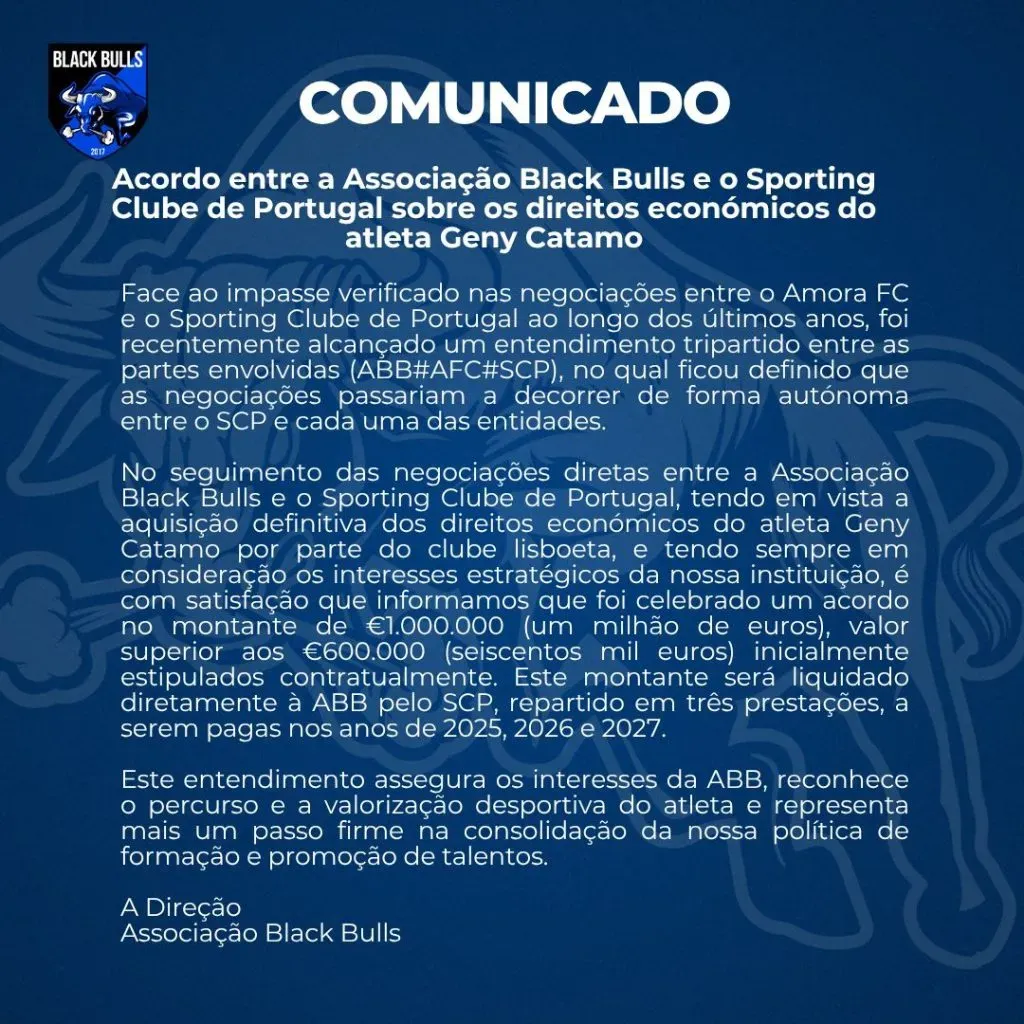 Comunicado dos Black Bulls sobre Geny Catamo. Foto: Associação Black Bulls