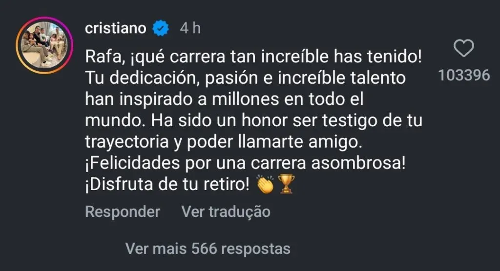 Reprodução de comentário de Cristiano Ronaldo em post de Rafael Nadal.