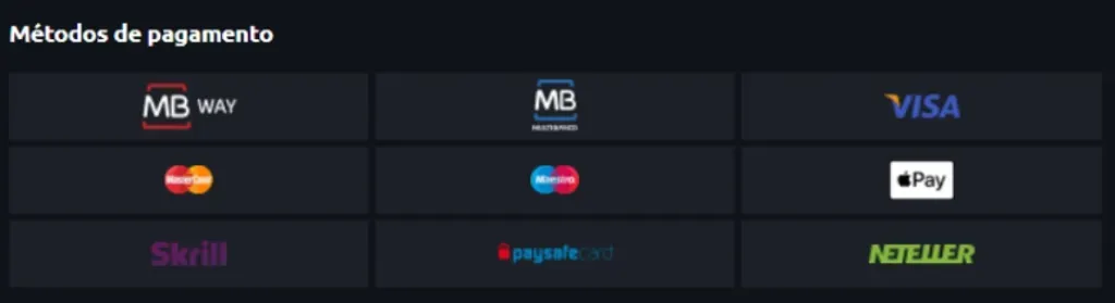 Tabela com os métodos de pagamento da Betano: MbWay, Visa, ApplePay, Mastercard, Skrill, Neteller etc.