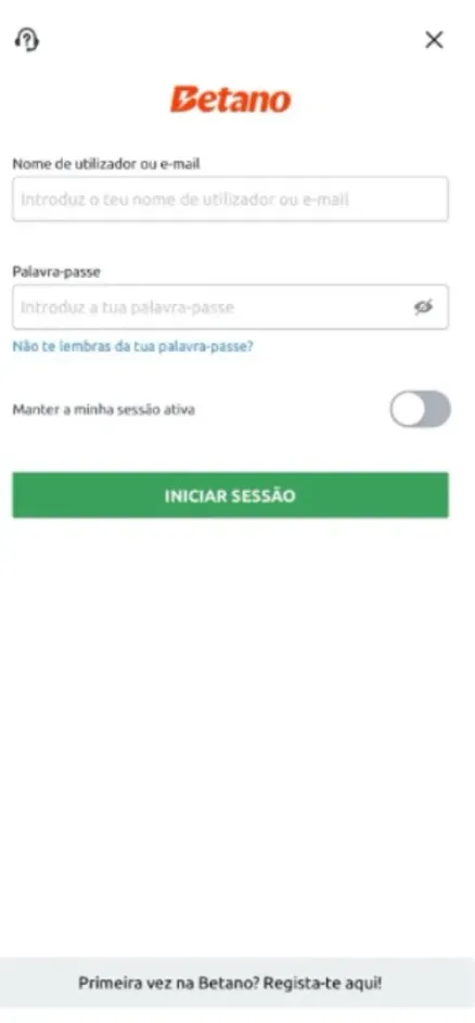Captura de ecrã em dispositivo móvel da página de login da Betano.