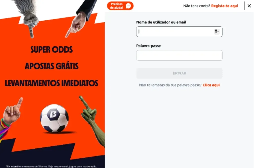 Captura de ecrã da página de registo do Betano login.