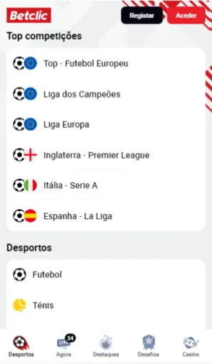 Apostas disponíveis através da aplicação Betclic