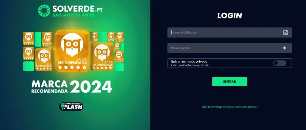 Faze login no site da Solverde