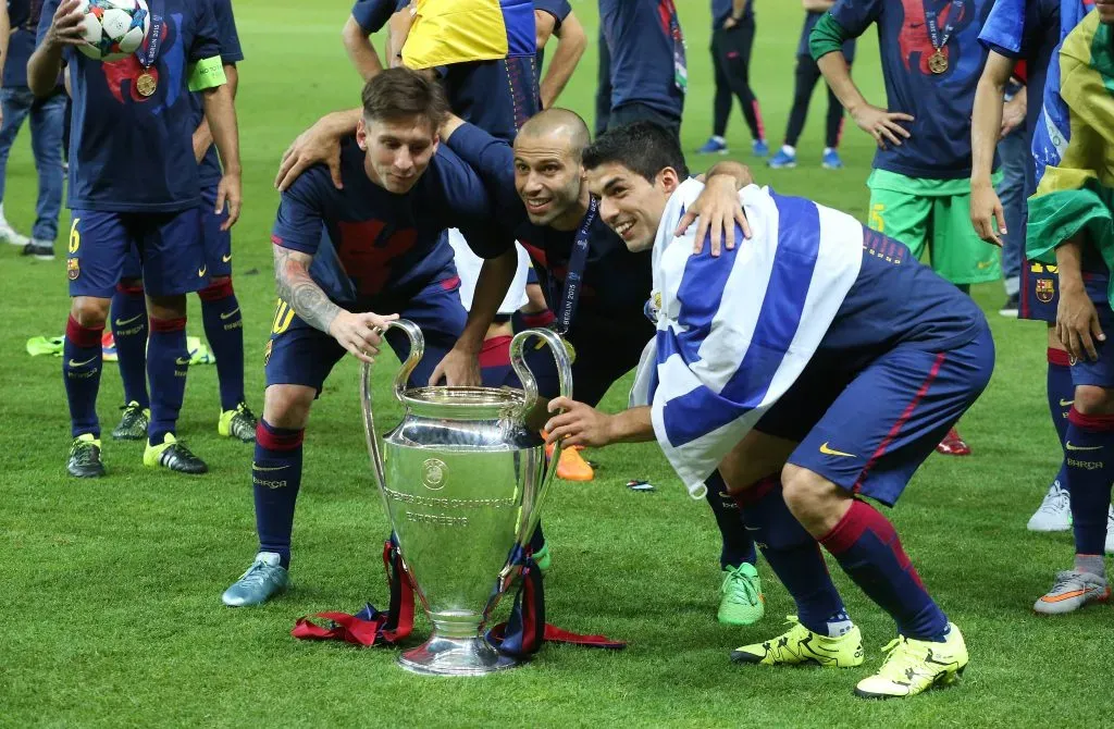 Messi, Mascherano e Suárez conquistaram a Champions League em 2015. Foto: Imago
