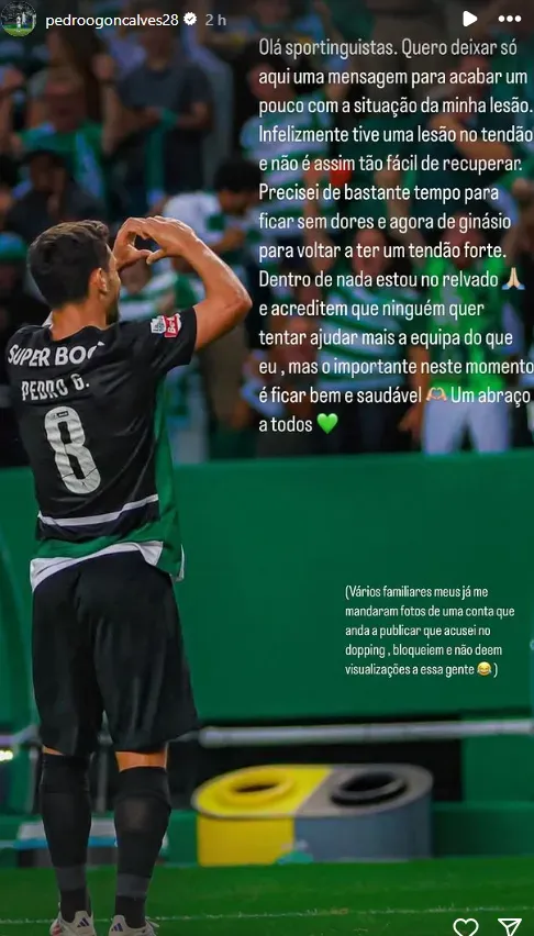 A mensagem de Pote nas redes sociais. Foto: Instagram Pedro Gonçalves.