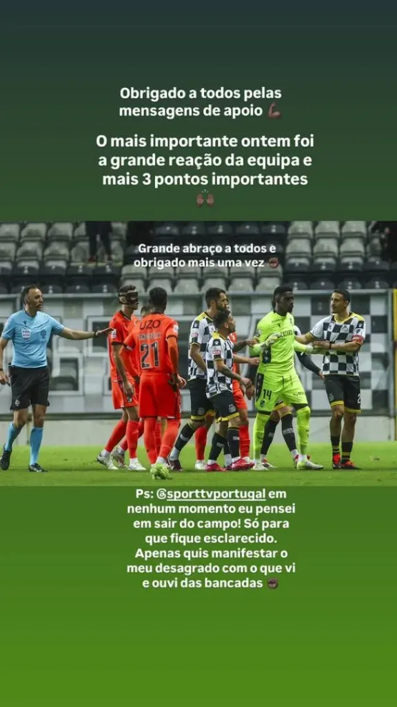 A reação do guarda-redes luso. Foto: Stories/Instagram Bruno Varela.