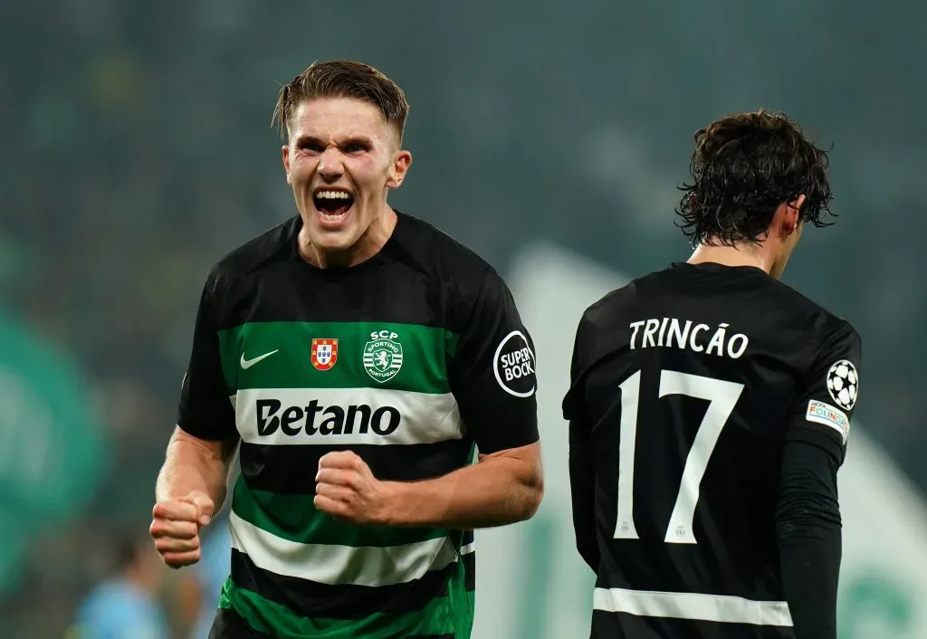 Viktor Gyokeres com Francisco Trincão. Foto: Getty Images