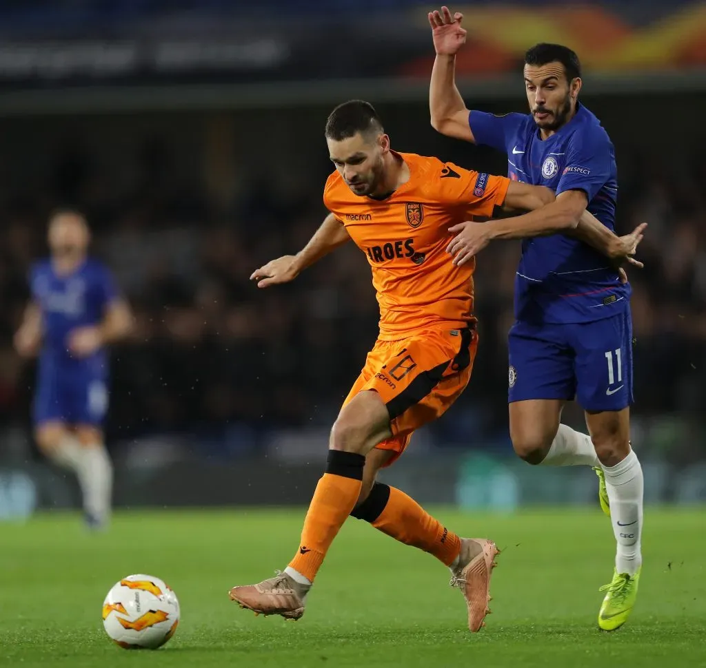 Vieirinha a jogar com a camisola do PAOK e contra o Chelsea, em 2018, na Europa League. Foto: Richard Heathcote/Getty Images.