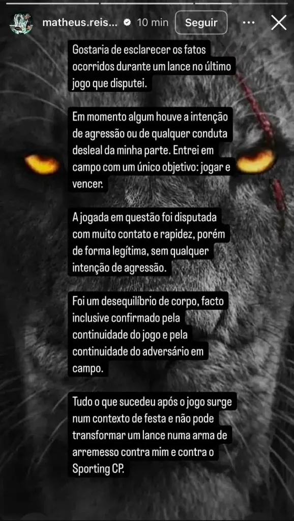 As declarações do defesa. Foto: Instagram de Matheus Reis.