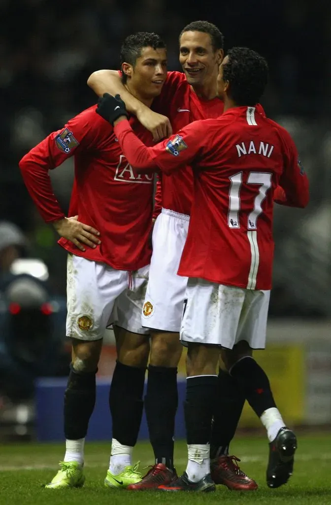 CR7, Ferdinand e Nani a comemorarem um golo com camisola do United. Foto: Laurence Griffiths/Getty Images.