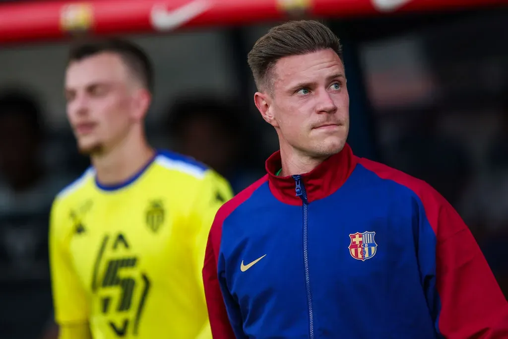 BARCELONA, SPAIN – AUGUST 12: Marc Andre Ter Stegen of FC Barcelona looks on prior to the Joan Gamper Trophy match between FC Barcelona and AS Monaco at Estadi Olimpic Lluis Companys on August 12, 2024 in Barcelona, Spain. (Photo by Eric Alonso/Getty Images)