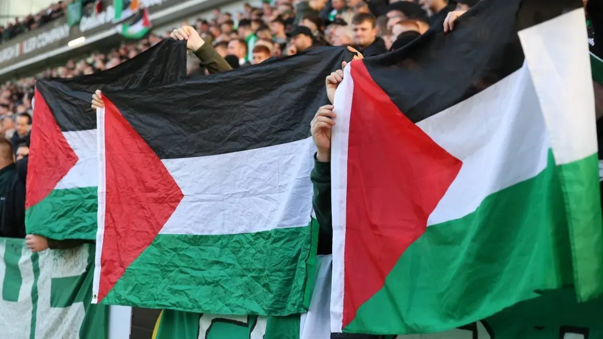 Soccer players and fans, including those seen here at Celtic Park, have chimed in on the war in the Middle East.