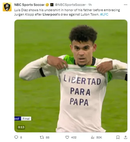 Diaz shows a message honoring his father after scoring late on