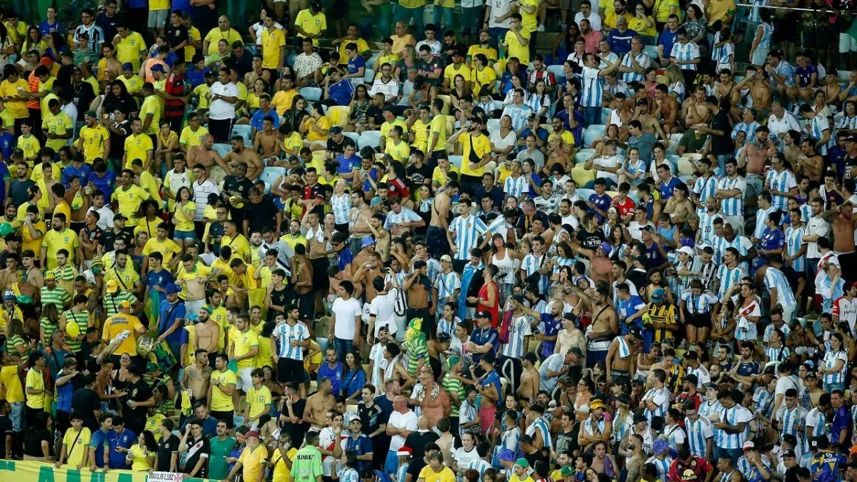 Traditionally, games with this much tension have a police barrier between supporters. As seen, the Brazil and Argentina supporters mingled together.