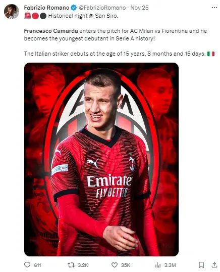 Camarda is the youngest ever player in Serie A history