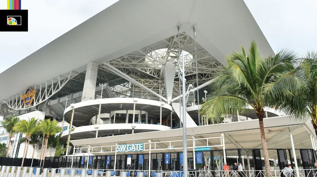 The imposing facade and roof of Hard Rock Stadium, the site of the 2024 Copa América Final