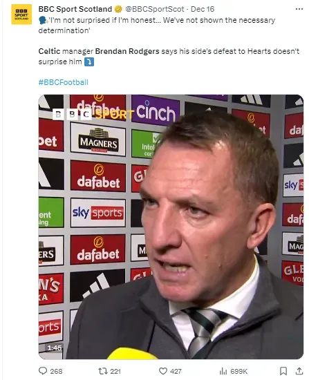 Brendan Rodgers press conference after defeat