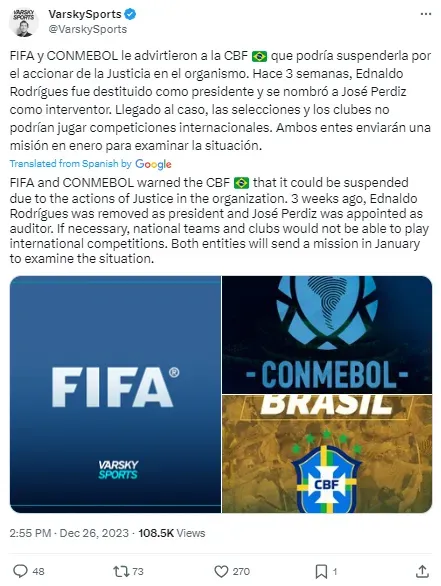 Brazil could be suspended by FIFA and CONMEBOL if they do not resolve a leadership dispute