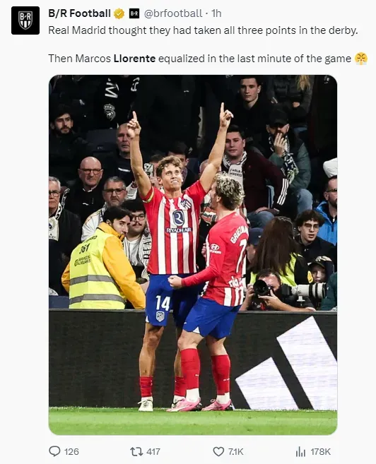 Marcos Llorente scored a late equalizer for Atletico