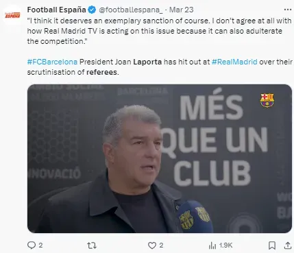 Laporta wants to see action from the regulators of the game.