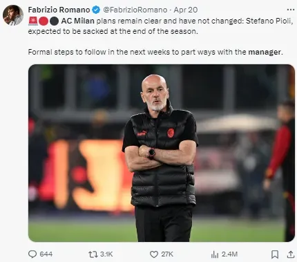 Pioli is widely expected to leave AC Milan
