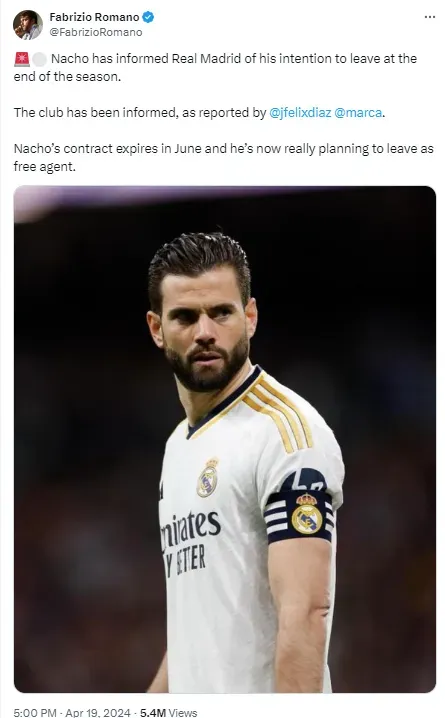 Nacho looks set to leave Real Madrid in the summer