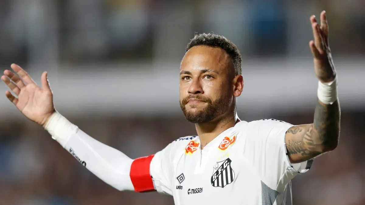 Neymar of Santos celebrates after scoring the team´s first goal during a match between Santos and Agua Santa as part of Campeonato Paulista 2025 at Urbano Caldeira Stadium (Vila Belmiro) on February 16, 2025 in Santos, Brazil.