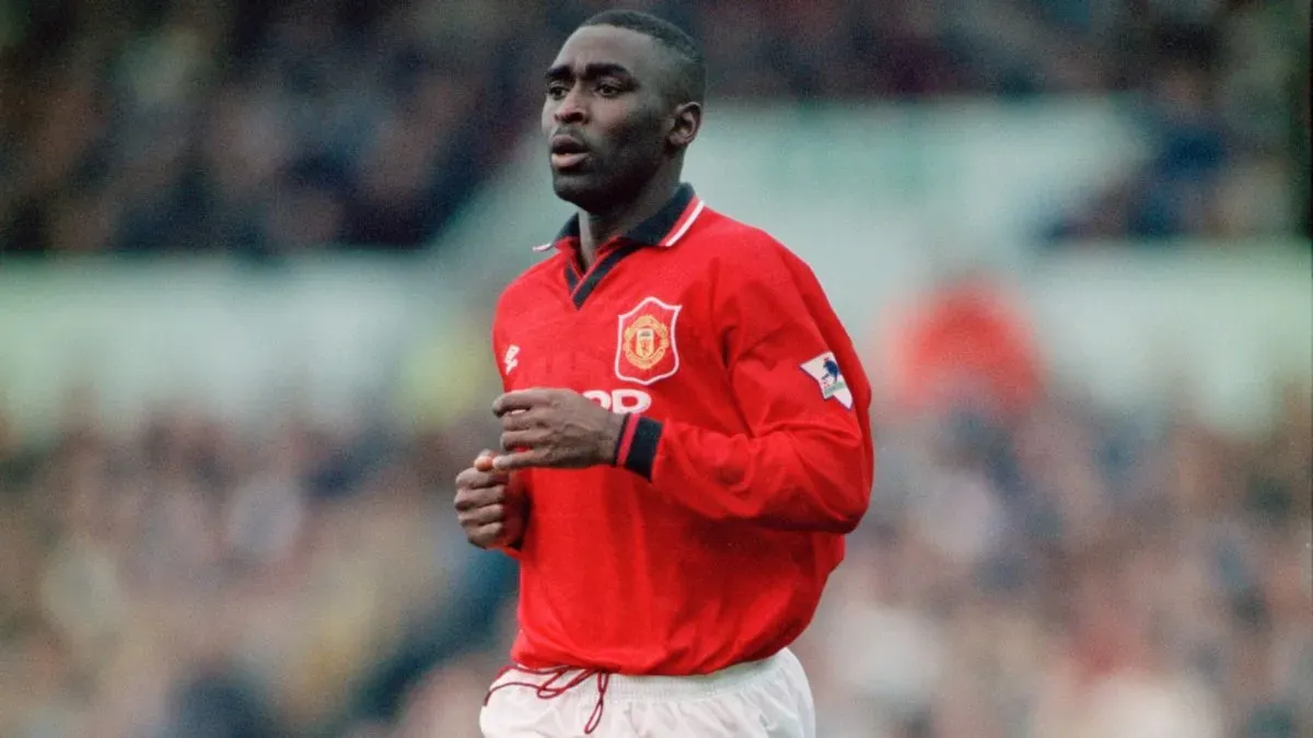 Andy Cole playing for Manchester United against Leeds United, in an English Premier League match at Elland Road, Leeds, 24th December 1995. (Source: Clive Brunskill/Getty Images)
