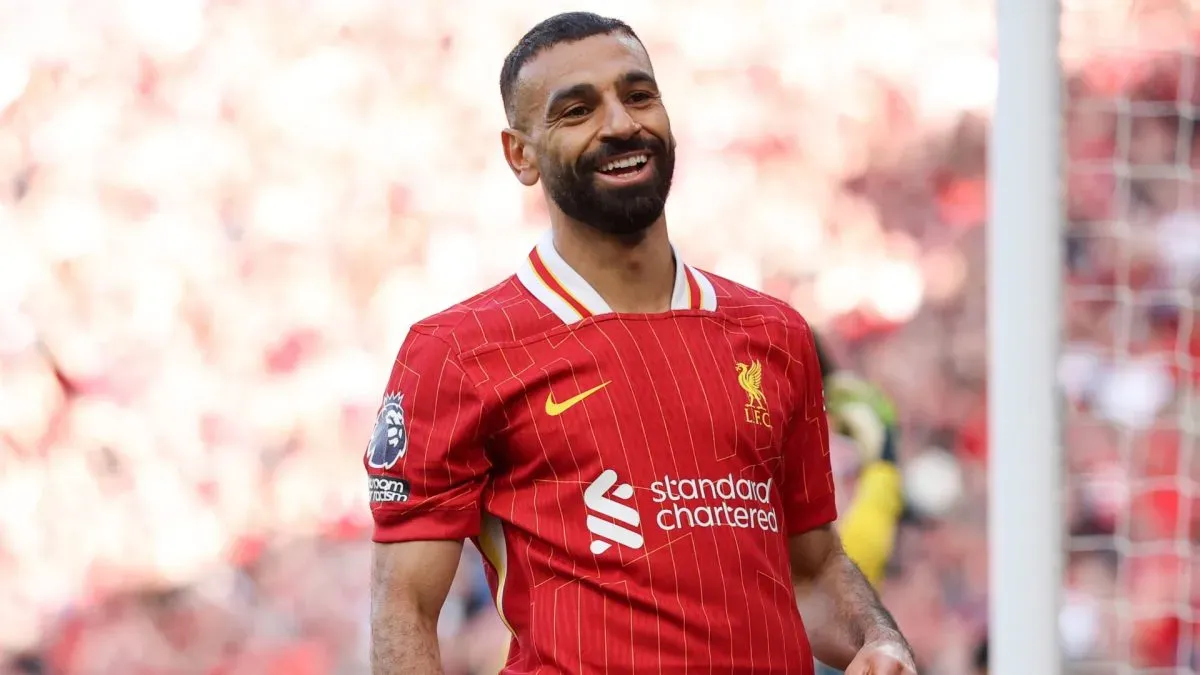 Mohamed Salah of Liverpool celebrates scoring his team’s fourth goal during the Premier League match between Liverpool FC and Tottenham Hotspur FC at Anfield on April 27, 2025. (Source: Carl Recine/Getty Images)