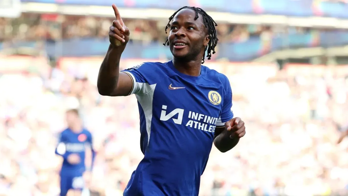 Raheem Sterling of Chelsea celebrates after scoring their sides third goal during the Premier League match between Burnley FC and Chelsea FC at Turf Moor on October 07, 2023. (Source: Matt McNulty/Getty Images)