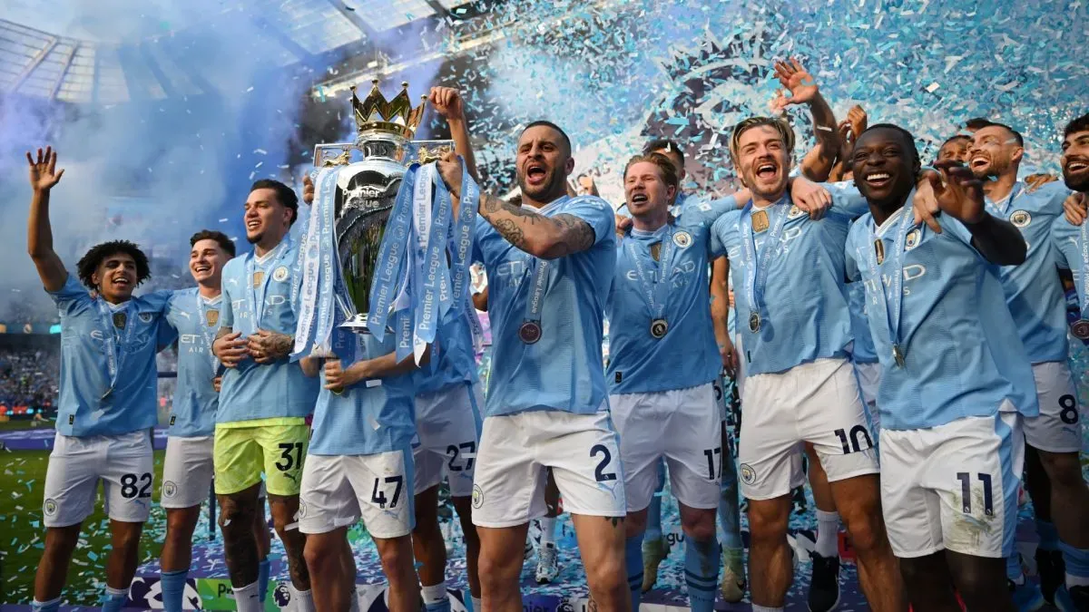 Kyle Walker of Manchester City lifts the Premier League Trophy after their team’s victory during the Premier League match between Manchester City and West Ham United in 2024.(Source: Michael Regan/Getty Images)