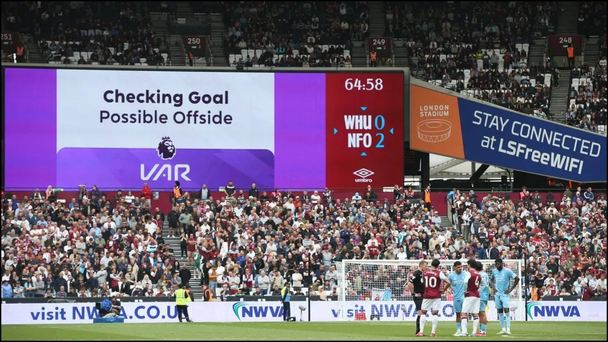 A big screen displays details of a VAR review during the Premier League match between West Ham United FC and Nottingham Forest FC on May 18, 2025.