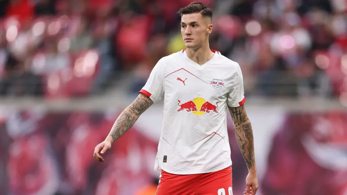 Benjamin Sesko of RB Leipzig looks on during the Bundesliga match between RB Leipzig and VfB Stuttgart at Red Bull Arena on May 17, 2025. (Source: Maja Hitij/Getty Images)