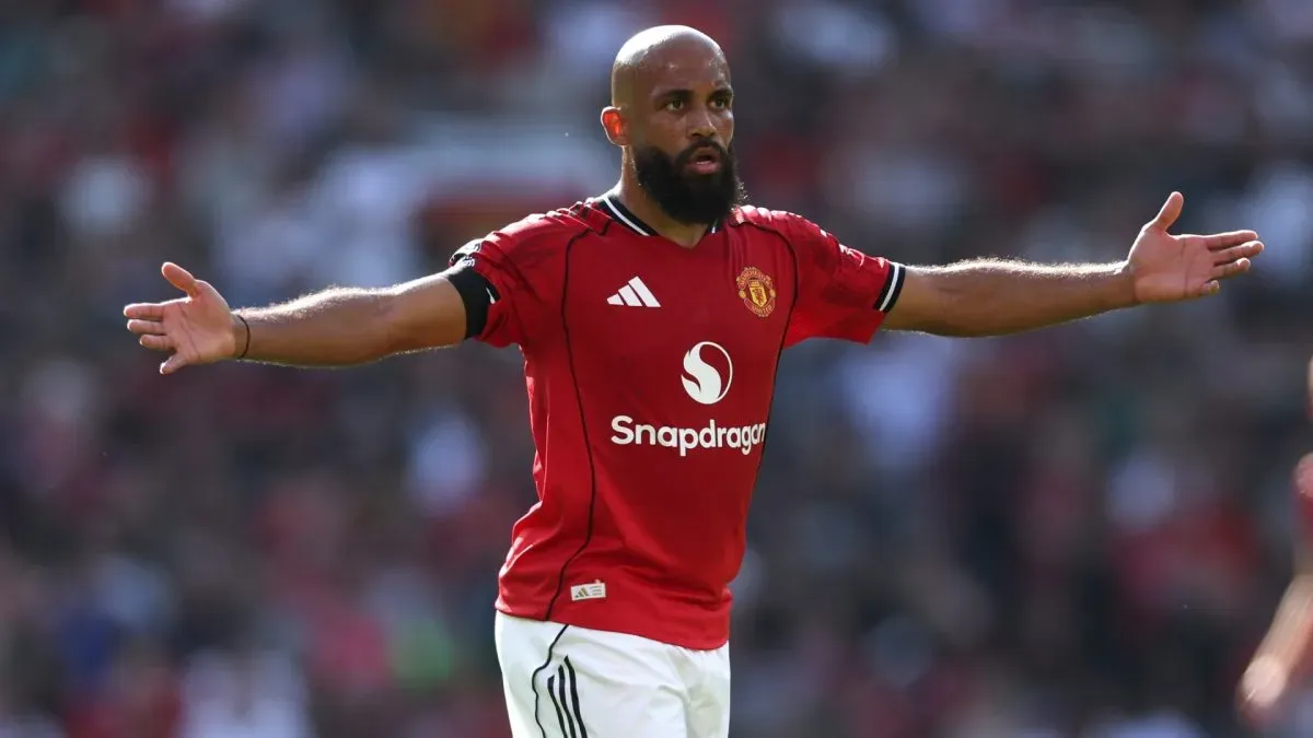 Bryan Mbeumo of Manchester United reacts during the Premier League match between Manchester United and Arsenal at Old Trafford on August 17, 2025. (Source: Stu Forster/Getty Images)