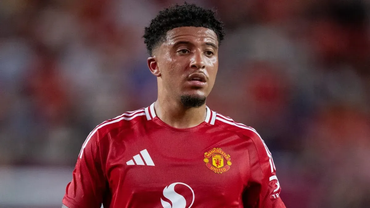 Jadon Sancho #25 of Manchester United looks on in the first half during their pre-season friendly match against Liverpool at Williams-Brice Stadium on August 03, 2024. (Source: Jacob Kupferman/Getty Images)