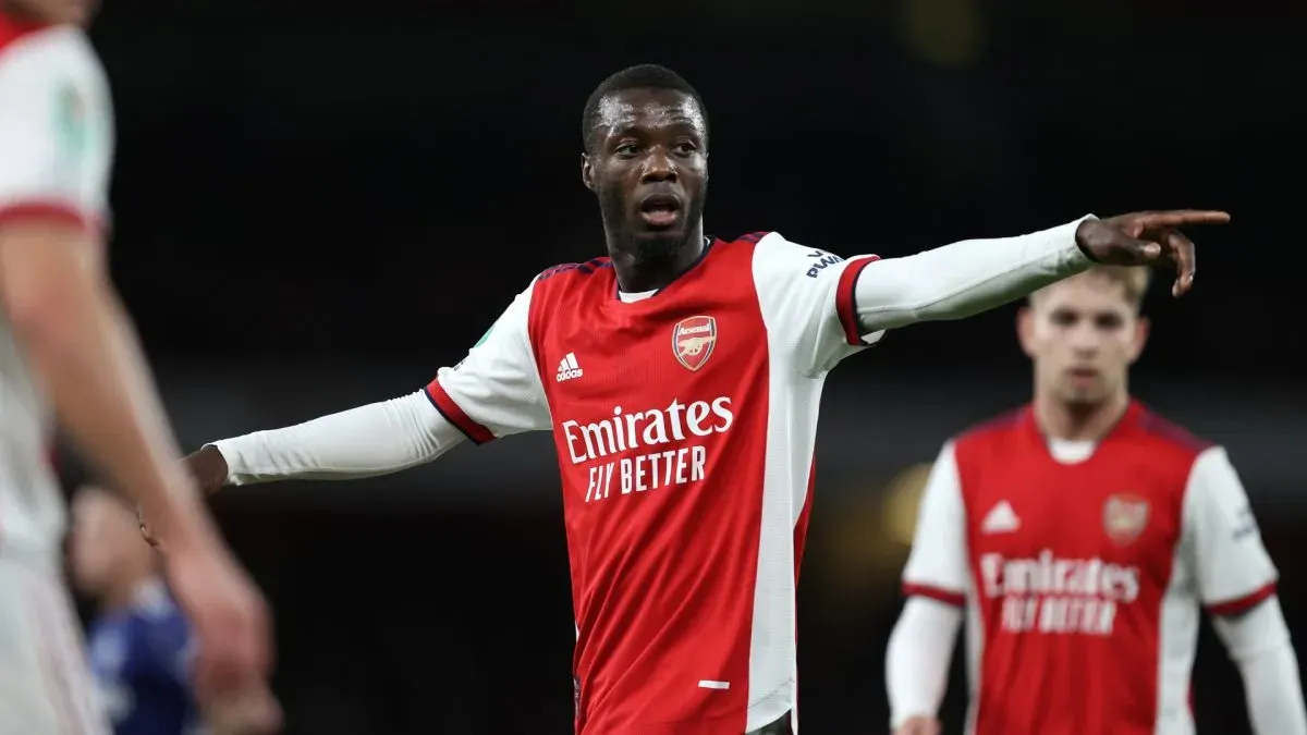 Nicolas Pepe of Arsenal during the Carabao Cup Round of 16 match between Arsenal and Leeds United at Emirates Stadium on October 26, 2021. (Source: Julian Finney/Getty Images)