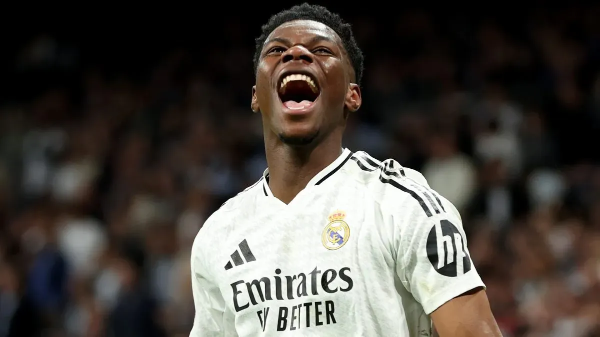 Aurelien Tchouameni of Real Madrid celebrates after he scores his teams third goal during the Copa del Rey semifinal match between Real Madrid and Real Sociedad in 2025. (Source: Florencia Tan Jun/Getty Images)