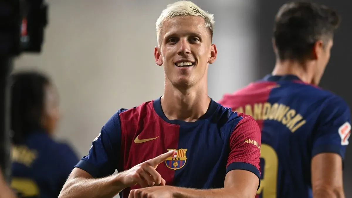 Dani Olmo of FC Barcelona celebrates scoring his sides second goal during the La Liga match between Rayo Vallecano and FC Barcelona at Estadio de Vallecas in 2024. (Source: Denis Doyle/Getty Images)