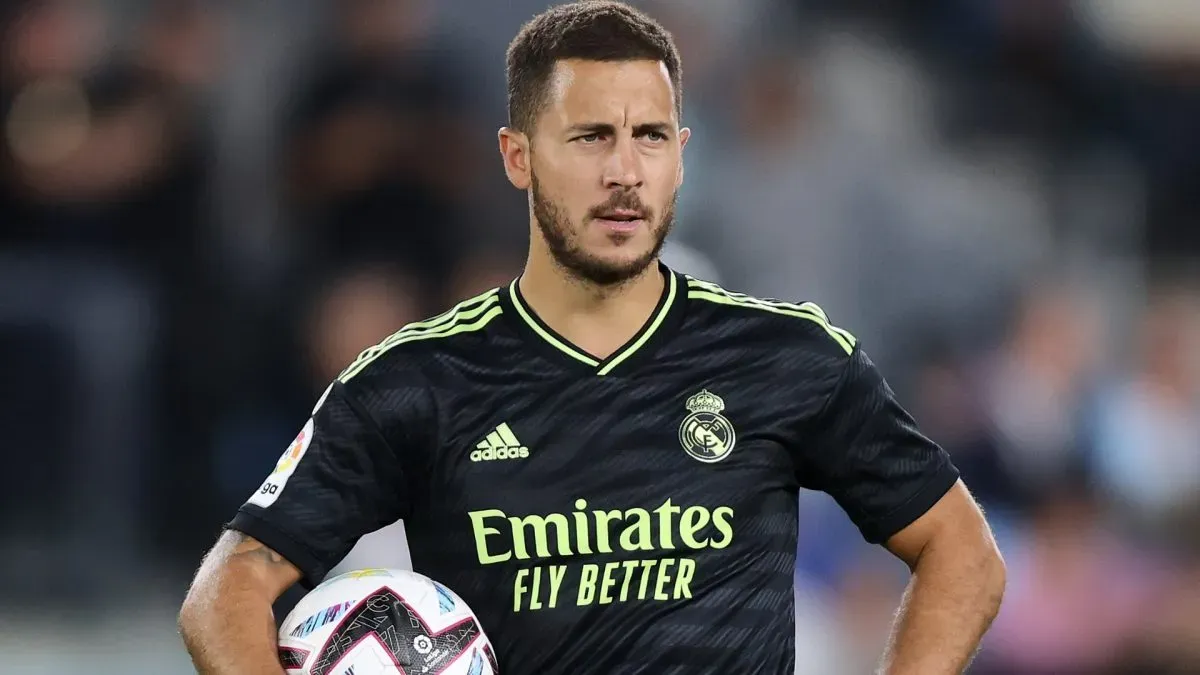 Eden Hazard of Real Madrid CF reacts before shooting a penalty during the LaLiga Santander match between RC Celta de Vigo and Real Madrid CF in 2022. (Source: Gonzalo Arroyo Moreno/Getty Images)