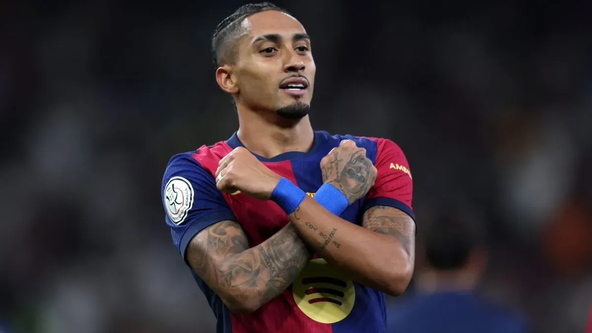 Raphinha of FC Barcelona celebrates scoring his team’s fifth goal during the Spanish Super Cup Final between Real Madrid and FC Barcelona in 2025. (Source: Yasser Bakhsh/Getty Images)
