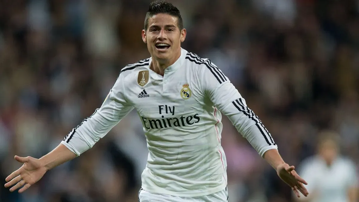 James Rodriguez of Real Madrid CF celebrates scoring their second goal during the La Liga match in 2015. (Source: Gonzalo Arroyo Moreno/Getty Images)
