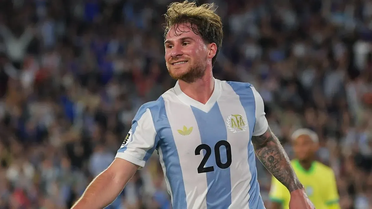 Alexis Mac Allister of Argentina celebrates after scoring the team's third goal during the South of American FIFA World Cup 2026 Qualifier between Argentina and Brazil.