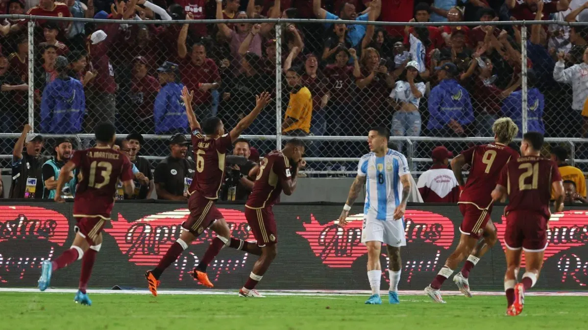 Salomon Rondon of Venezuela celebrates after scoring the team's first goal during the FIFA World Cup 2026 South American Qualifier match between Venezuela and Argentina.