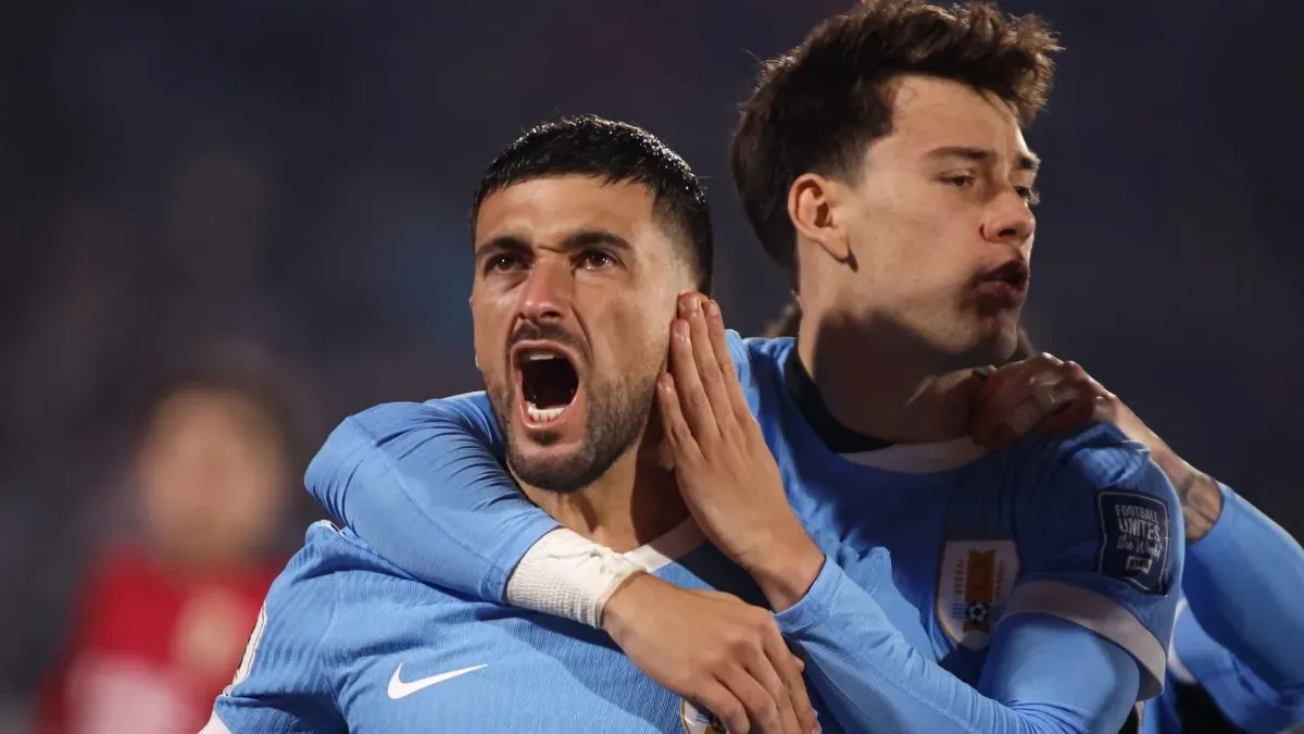 Giorgian De Arrascaeta of Uruguay celebrates with teammates after scoring the team's second goal during the FIFA World Cup 2026 South American Qualifier match.