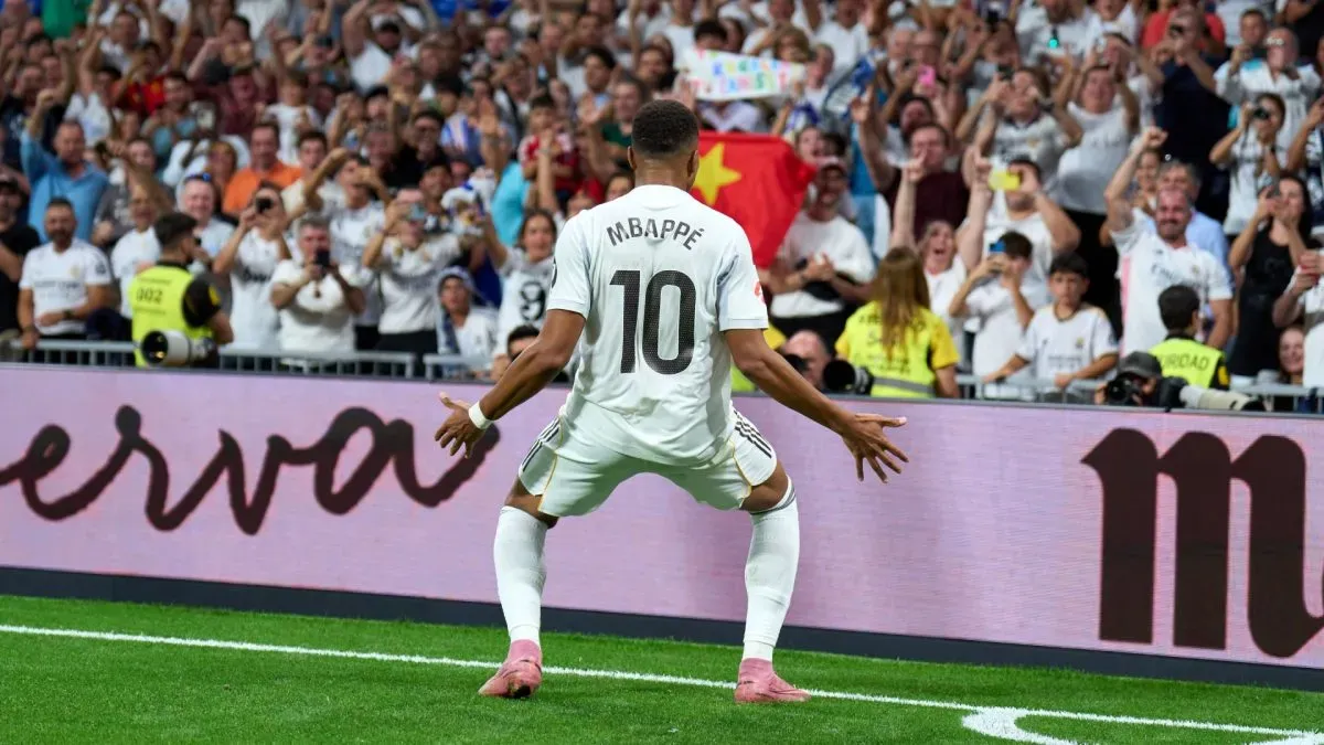 Kylian Mbappe of Real Madrid celebrates after scoring a goal which was ruled out due to offside during the LaLiga EA Sports match between Real Madrid CF and RCD Mallorca.