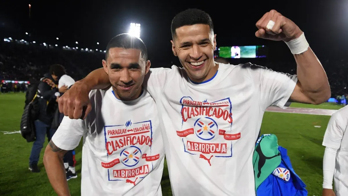 Alan Benitez and Alex Arce of Paraguay celebrate after qualifying to the 2026 FIFA World Cup after the South American FIFA World Cup 2026 Qualifier match between Paraguay and Ecuador.